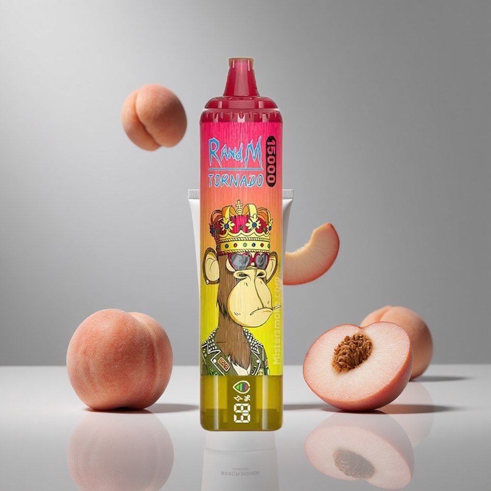 RandM Fumot Tornado 15000パフ 25ml 桃氷 850mAh LCD メッシュコイル USB Type-C